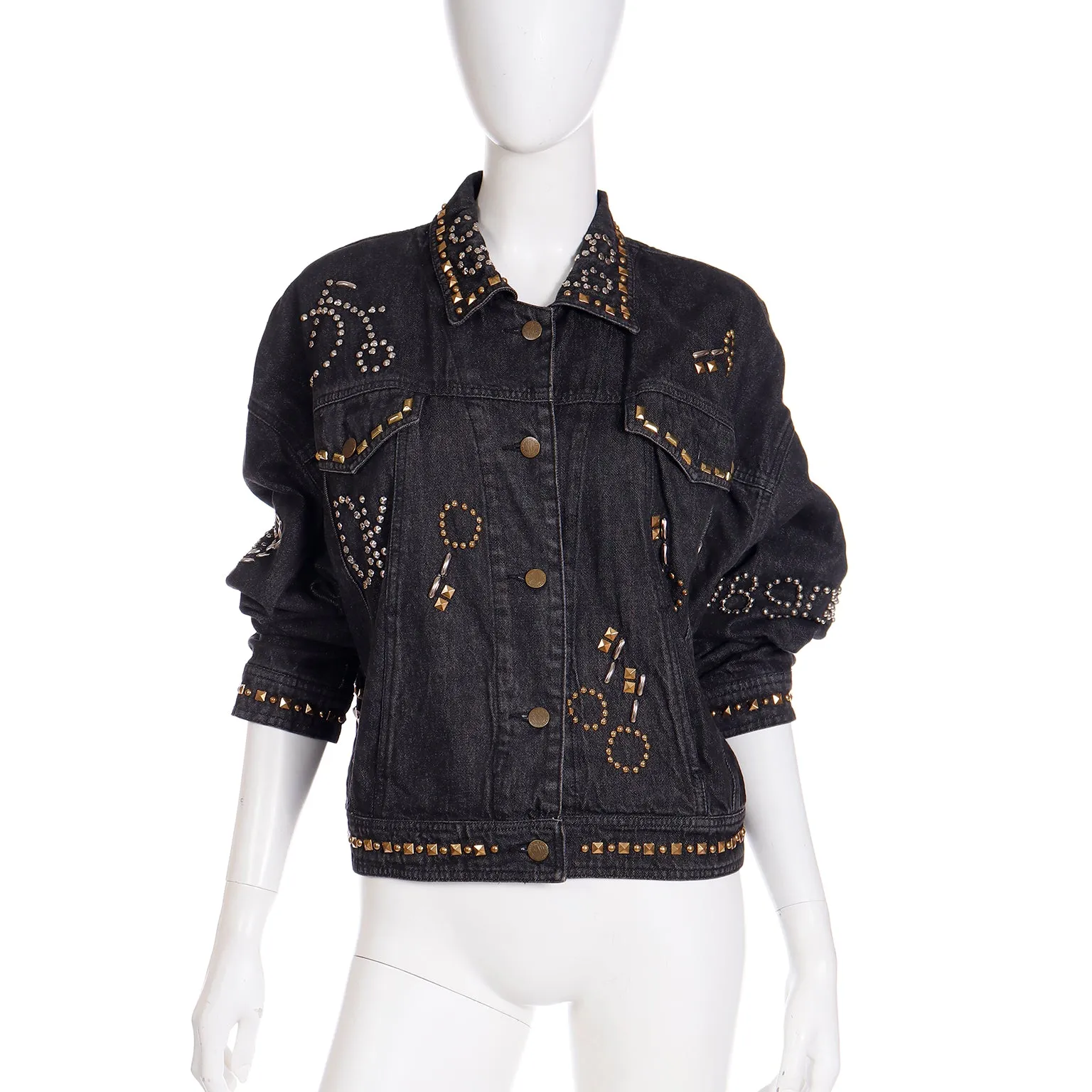 1989 DKNY Vintage Black Denim Jacket w/ Novelty Studs