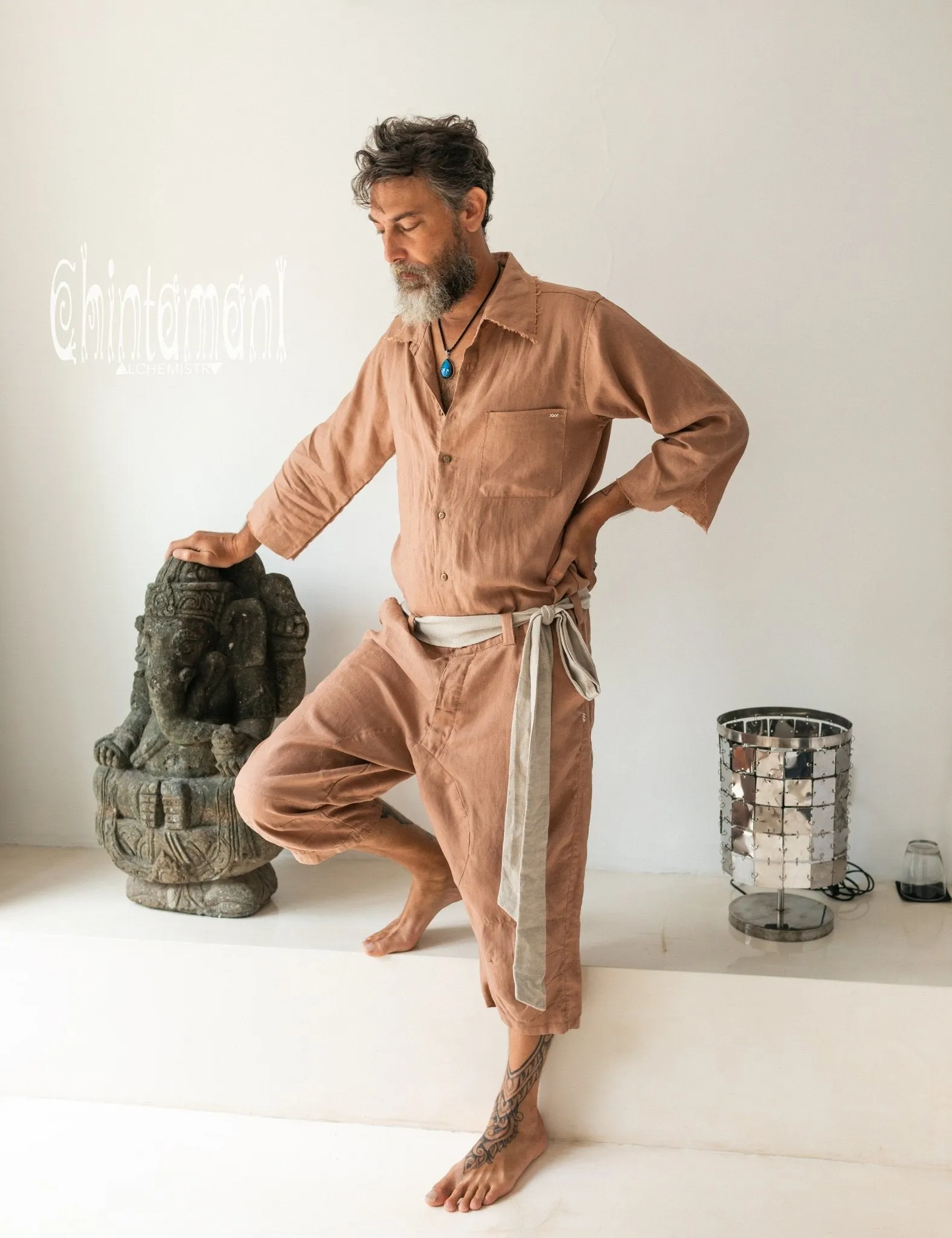 3/4 Linen Overalls for Men / Coverall Jumpsuit with Belt / Dusty Pink