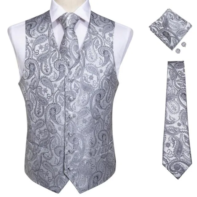 5 Piece Vests Slim Fit Mens Wedding Suit Casual Sleeveless Formal Business Waistcoat Hanky Necktie Bow Tie Set