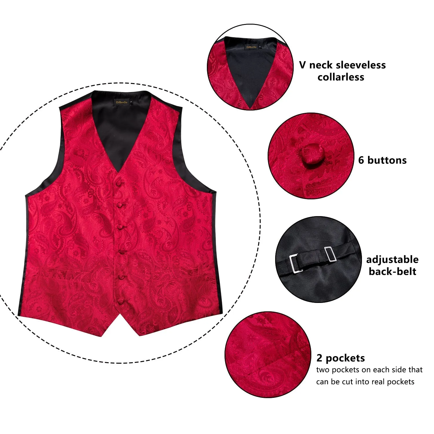 5 Piece Vests Slim Fit Mens Wedding Suit Casual Sleeveless Formal Business Waistcoat Hanky Necktie Bow Tie Set