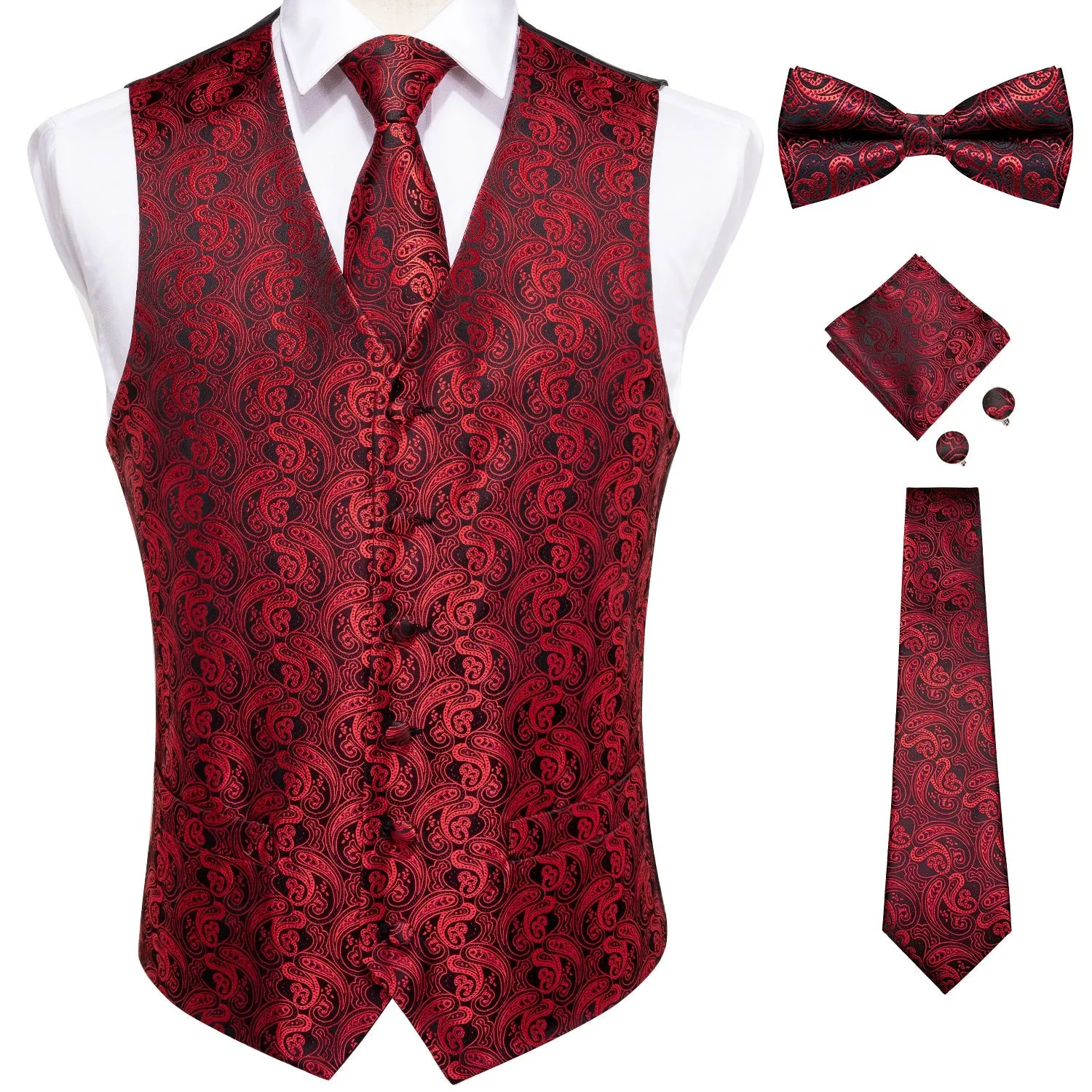 5 Piece Vests Slim Fit Mens Wedding Suit Casual Sleeveless Formal Business Waistcoat Hanky Necktie Bow Tie Set