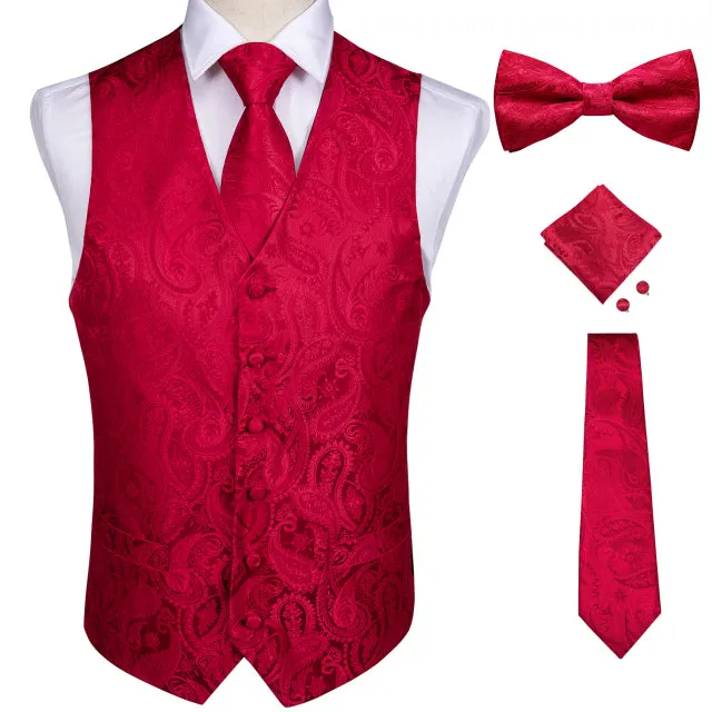 5 Piece Vests Slim Fit Mens Wedding Suit Casual Sleeveless Formal Business Waistcoat Hanky Necktie Bow Tie Set