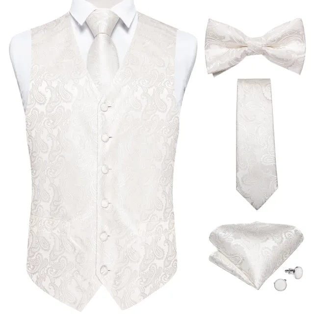 5 Piece Vests Slim Fit Mens Wedding Suit Casual Sleeveless Formal Business Waistcoat Hanky Necktie Bow Tie Set