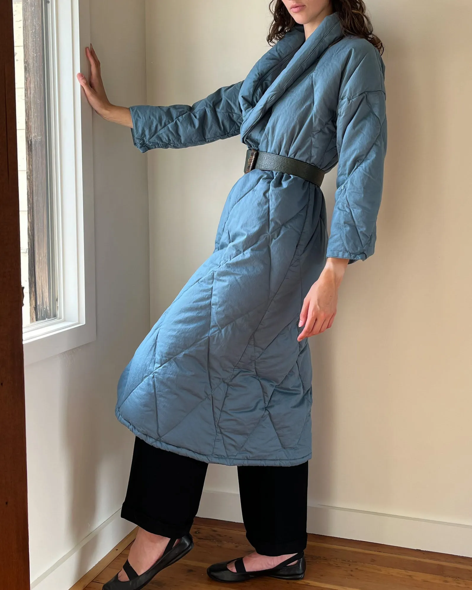 90s Blue Quilted Down Robe | XS-M