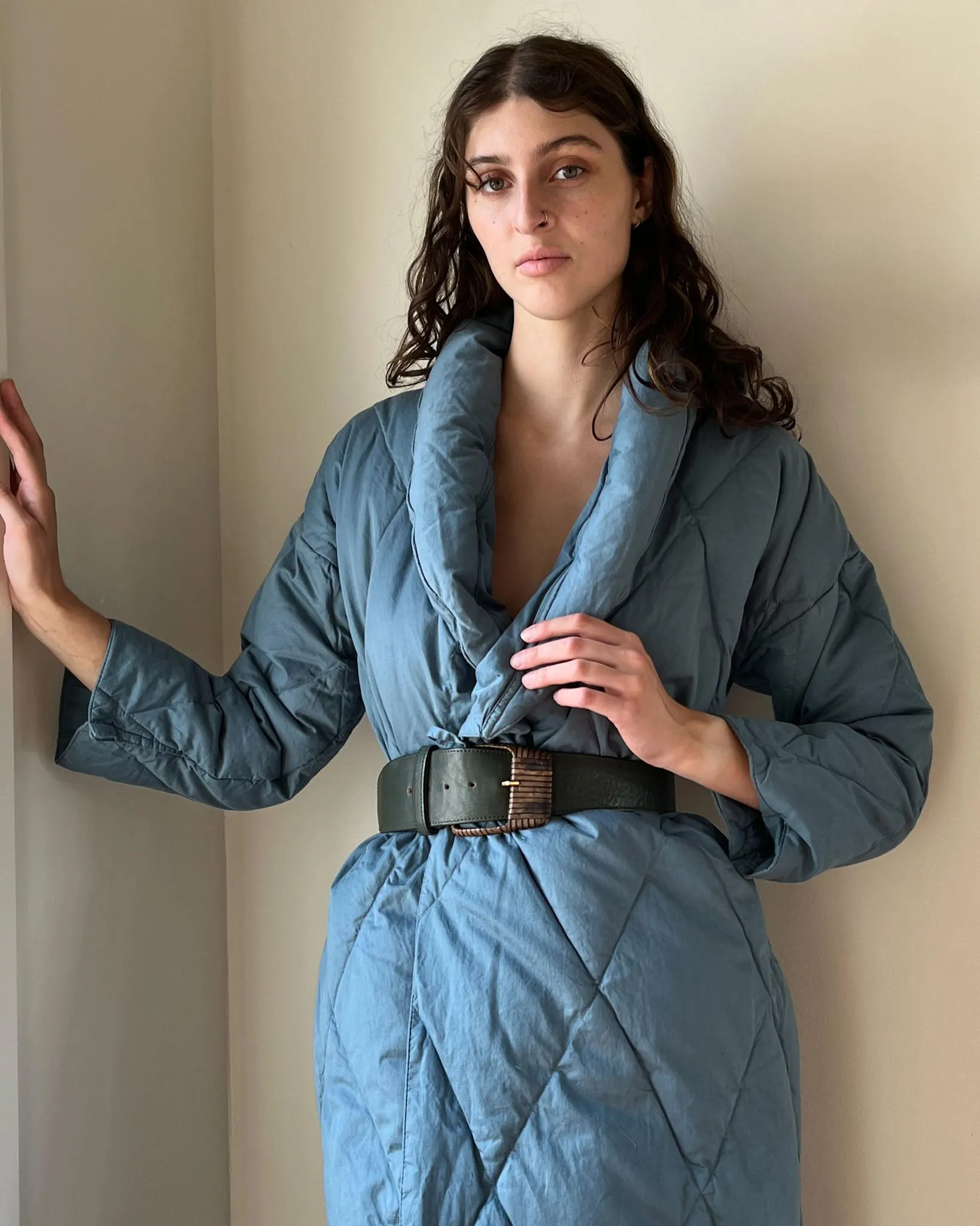 90s Blue Quilted Down Robe | XS-M