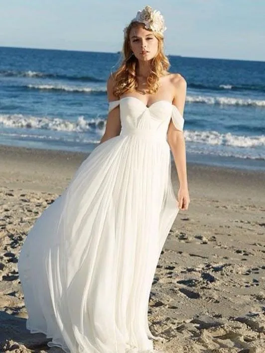 A-line Off-Shoulder Floor-Length Chiffon Ivory Simple Wedding Dress APD2728