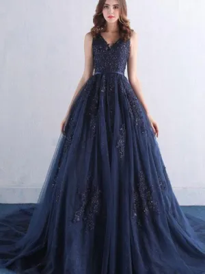 A-line V-neck Lace Appliqued Navy Blue Prom Dresses with Chapel Train,3352