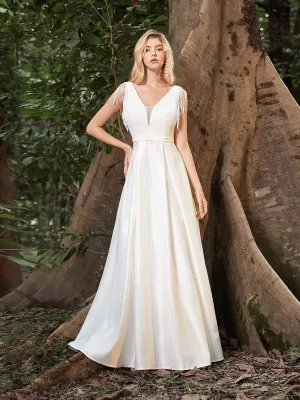 Adorable A-Line Satin Wedding Dress with Deep V Neck