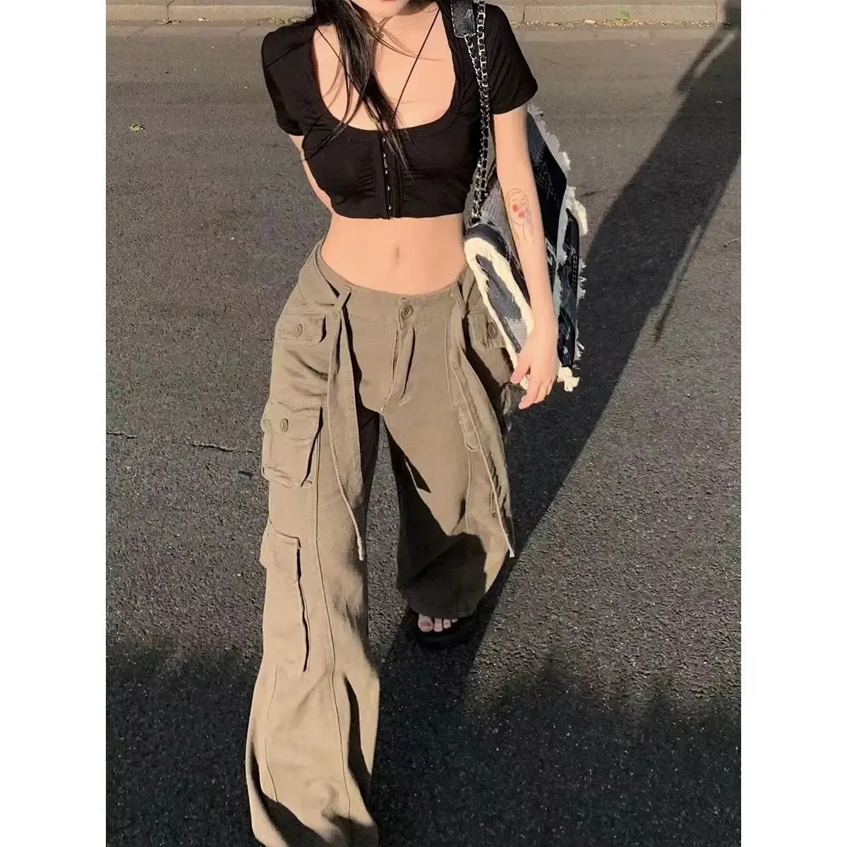 Advbridge  vintage streetwear gray overalls wide leg cargo women pants Retro women's trousers sexy low waist loose casual trousers