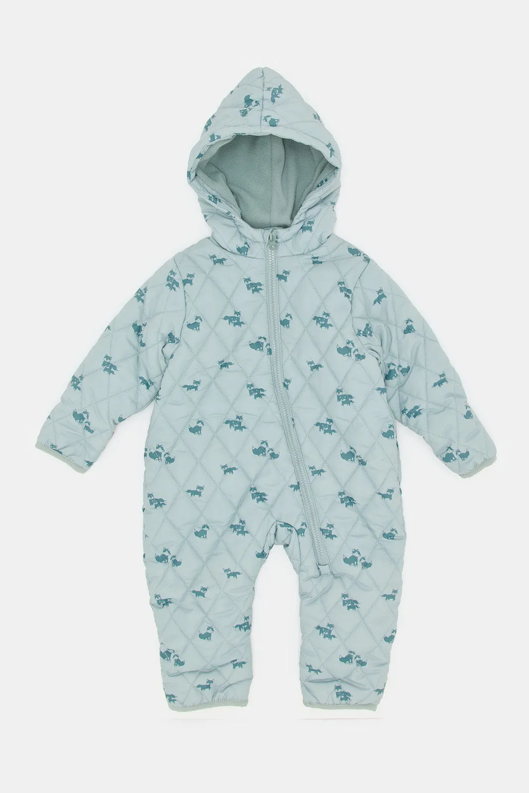 Babies Teal Printed Hooded Jumpsuit Coat