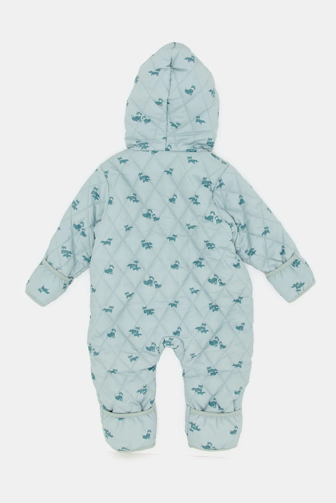 Babies Teal Printed Hooded Jumpsuit Coat