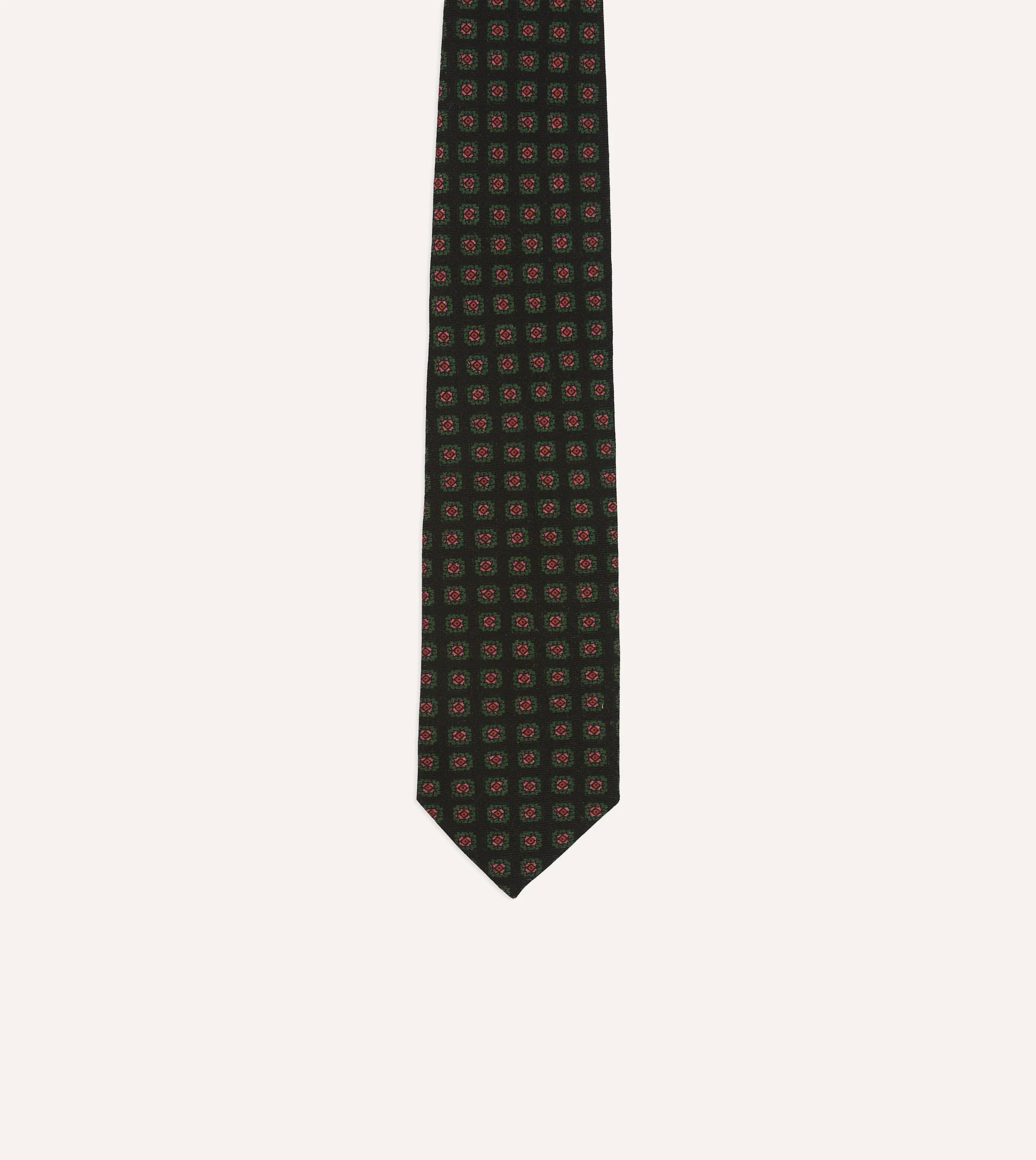 Black Green, and Red Diamond Print Check Self-Tipped Wool Tie