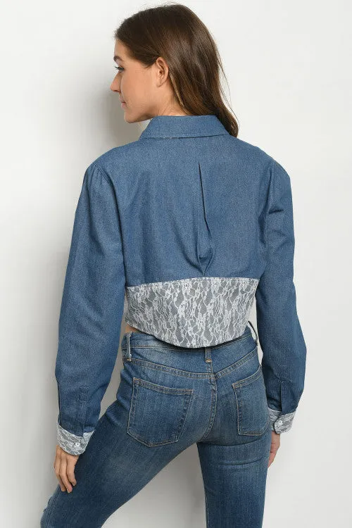 Blue Denim Lace Accent Crop Top