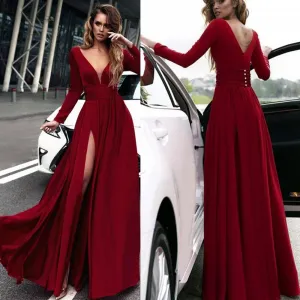 Burgundy cheap prom dresses long sleeve v neck simple elegant prom gown vestido de longo