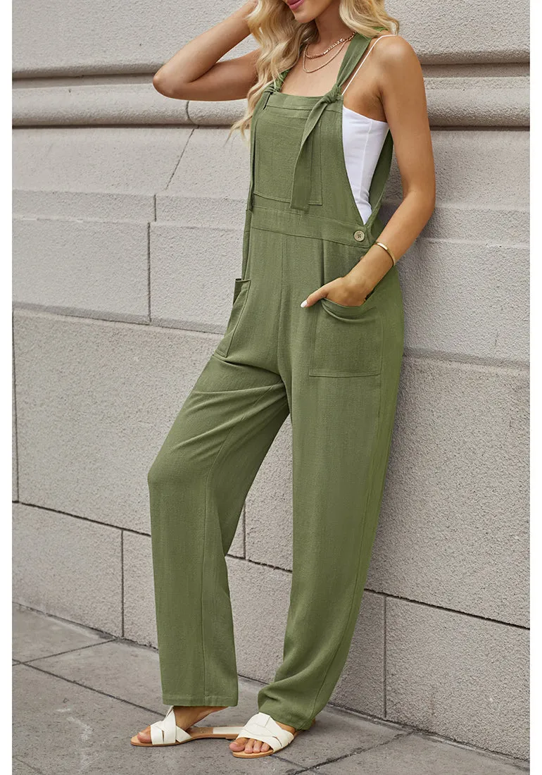 Calliste Green Women's Casual Baggy Linen Overall Summer Pockets Bib Overalls