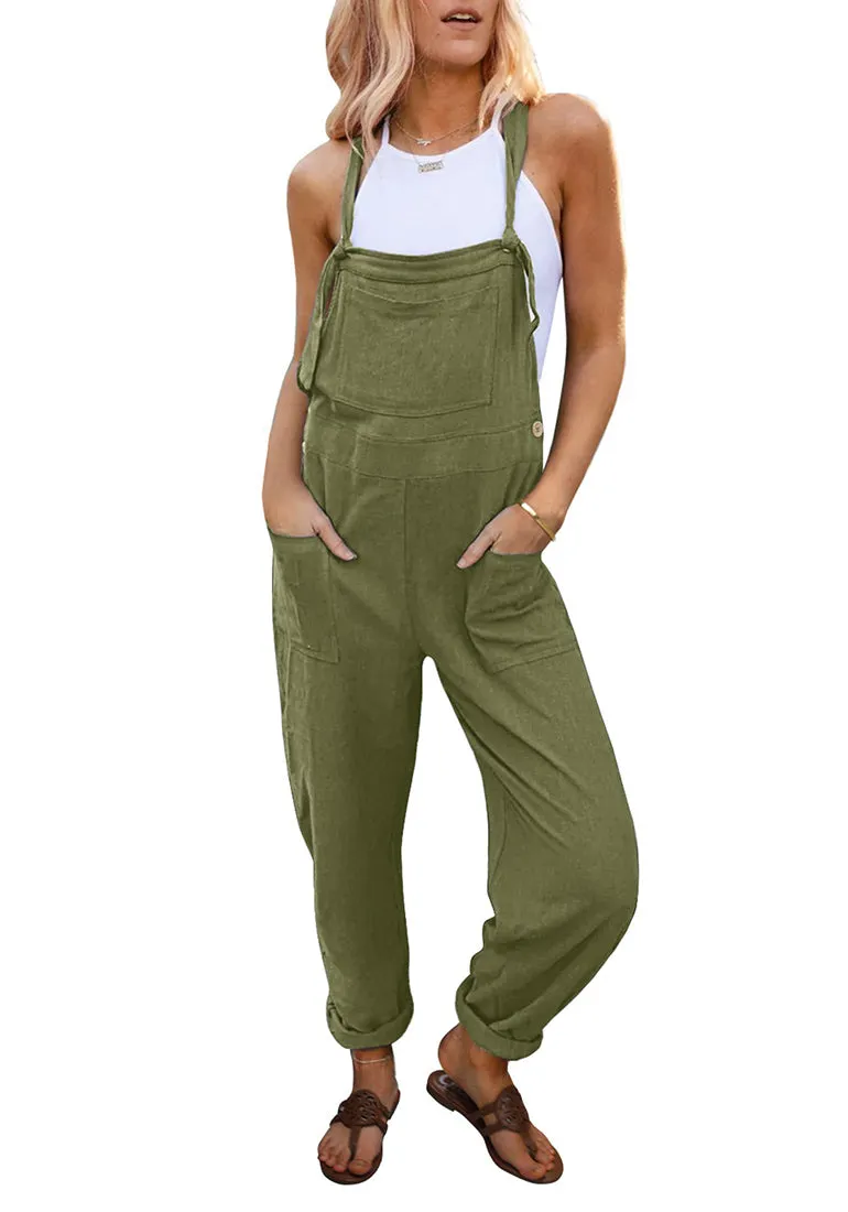 Calliste Green Women's Casual Baggy Linen Overall Summer Pockets Bib Overalls