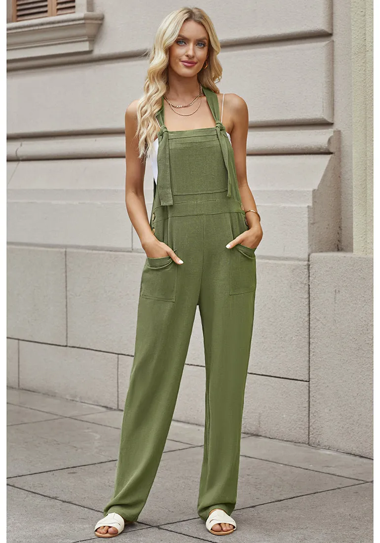 Calliste Green Women's Casual Baggy Linen Overall Summer Pockets Bib Overalls