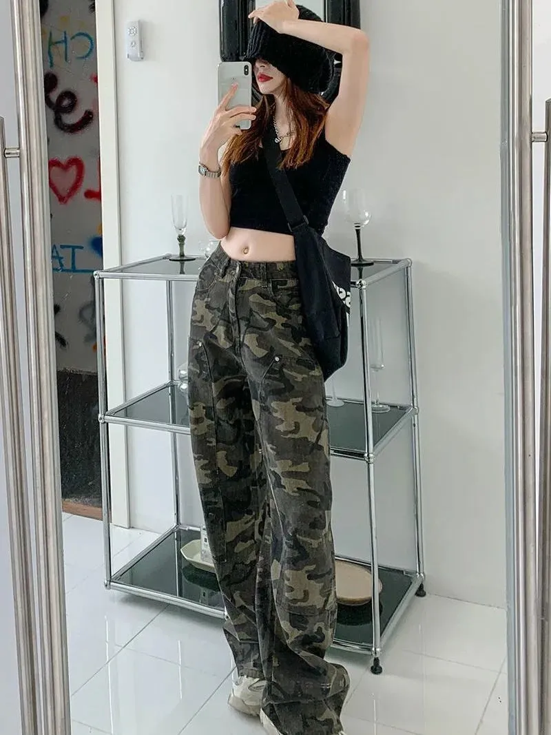 Camouflage Workwear Jeans Women's Straight Loose Retro Hip Hop Style High Waist Extra Long Wide Leg Pants