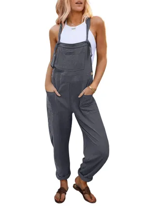 Castlerock Gray Women's Casual Baggy Linen Overall Summer Pockets Bib Overalls