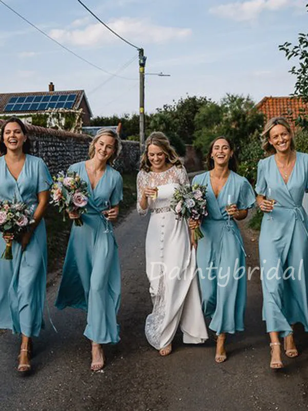 Charming V-neck 1/3Sleeve Morden A-line Long Bridesmaid Dresses.DB10428