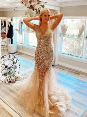 Charming V-neck Mermaid Sequin Tulle Long Prom Dresses, PDS0276