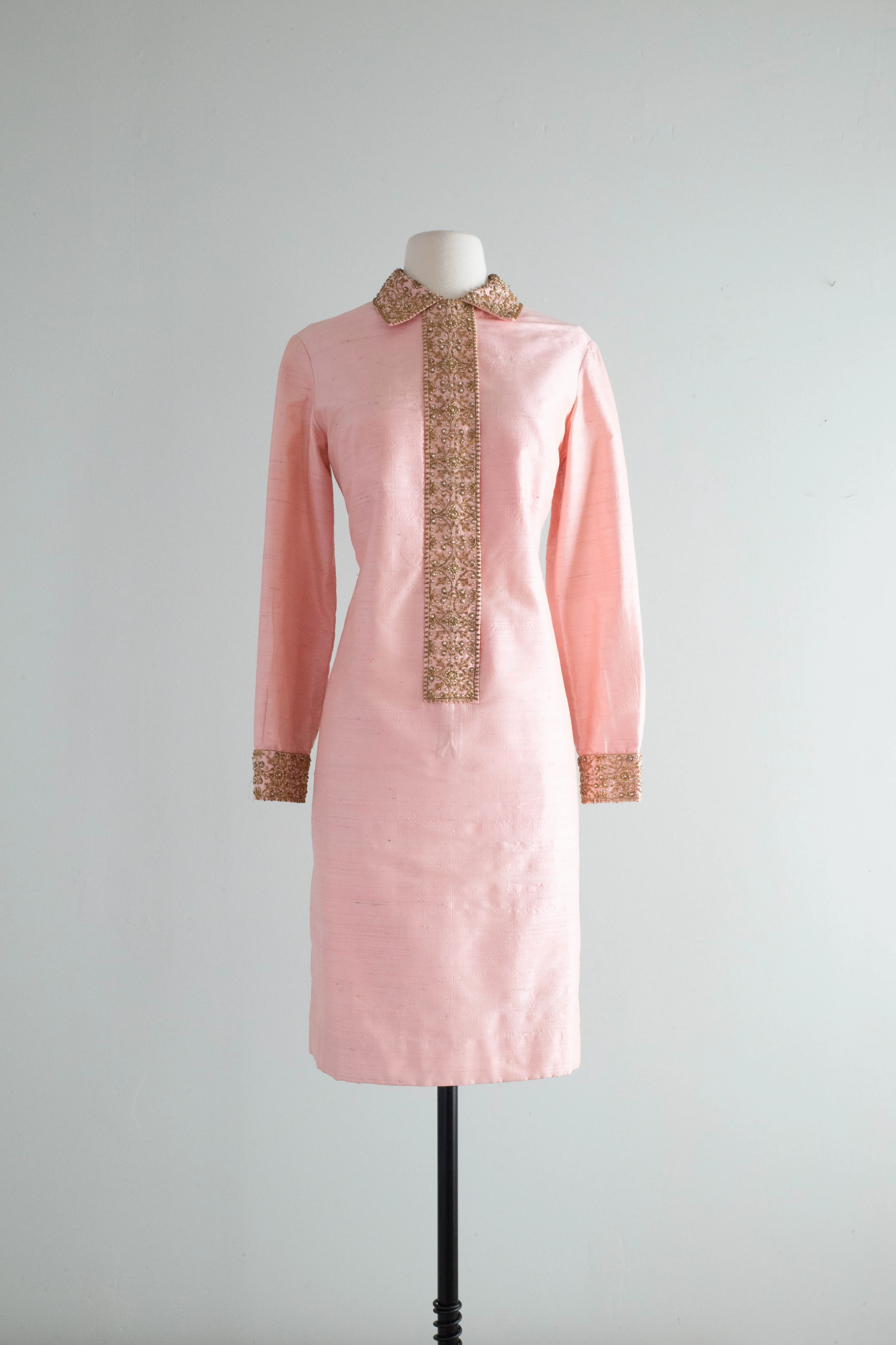 Chic 1960's Indian Silk Beaded Shift Dress In Pink / ML