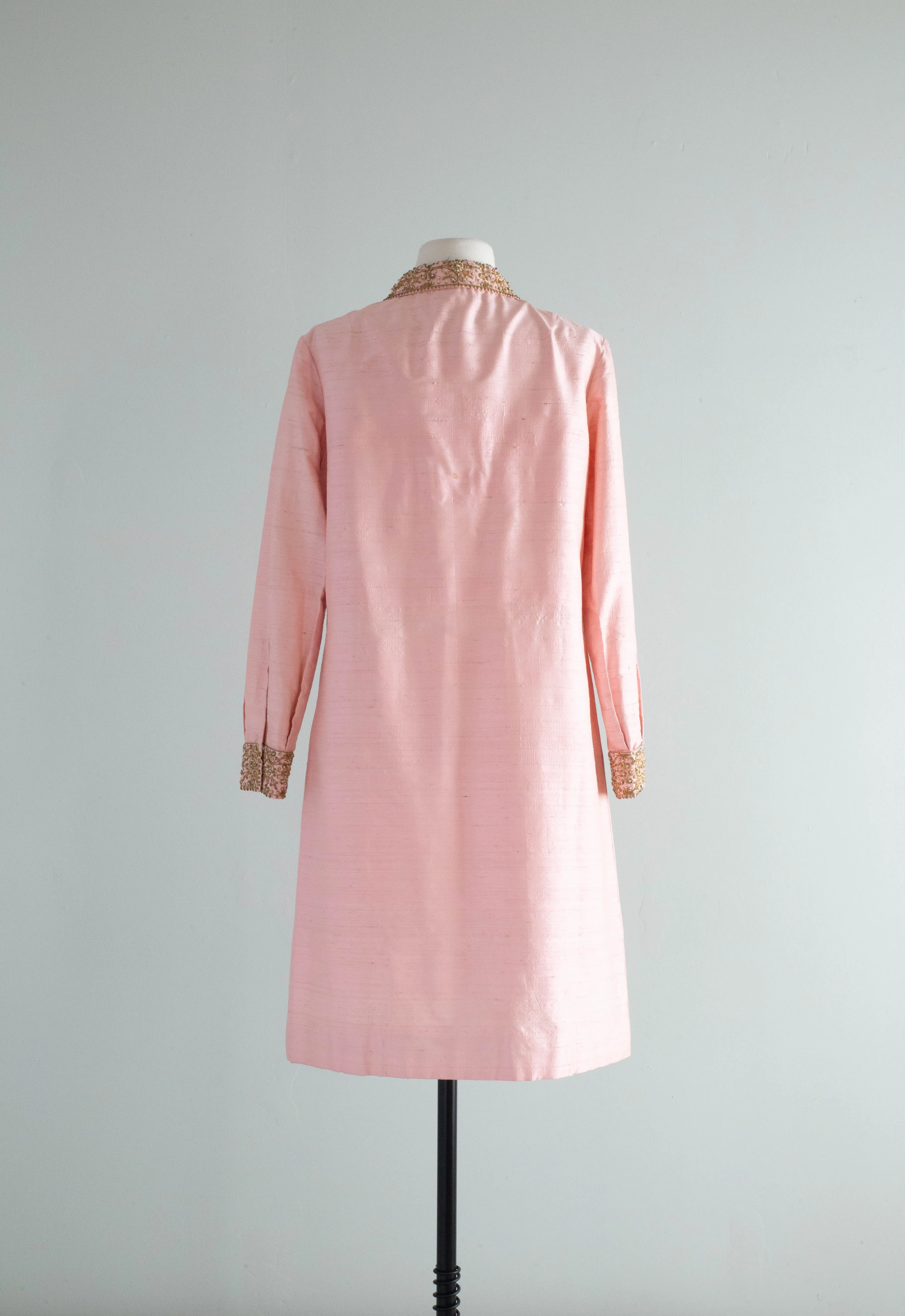 Chic 1960's Indian Silk Beaded Shift Dress In Pink / ML