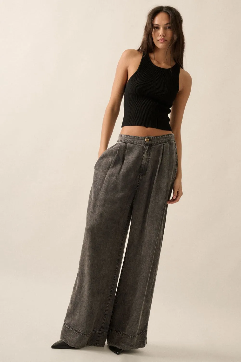 Collister Mineral Washed Denim Pleated Wide-Leg Pants