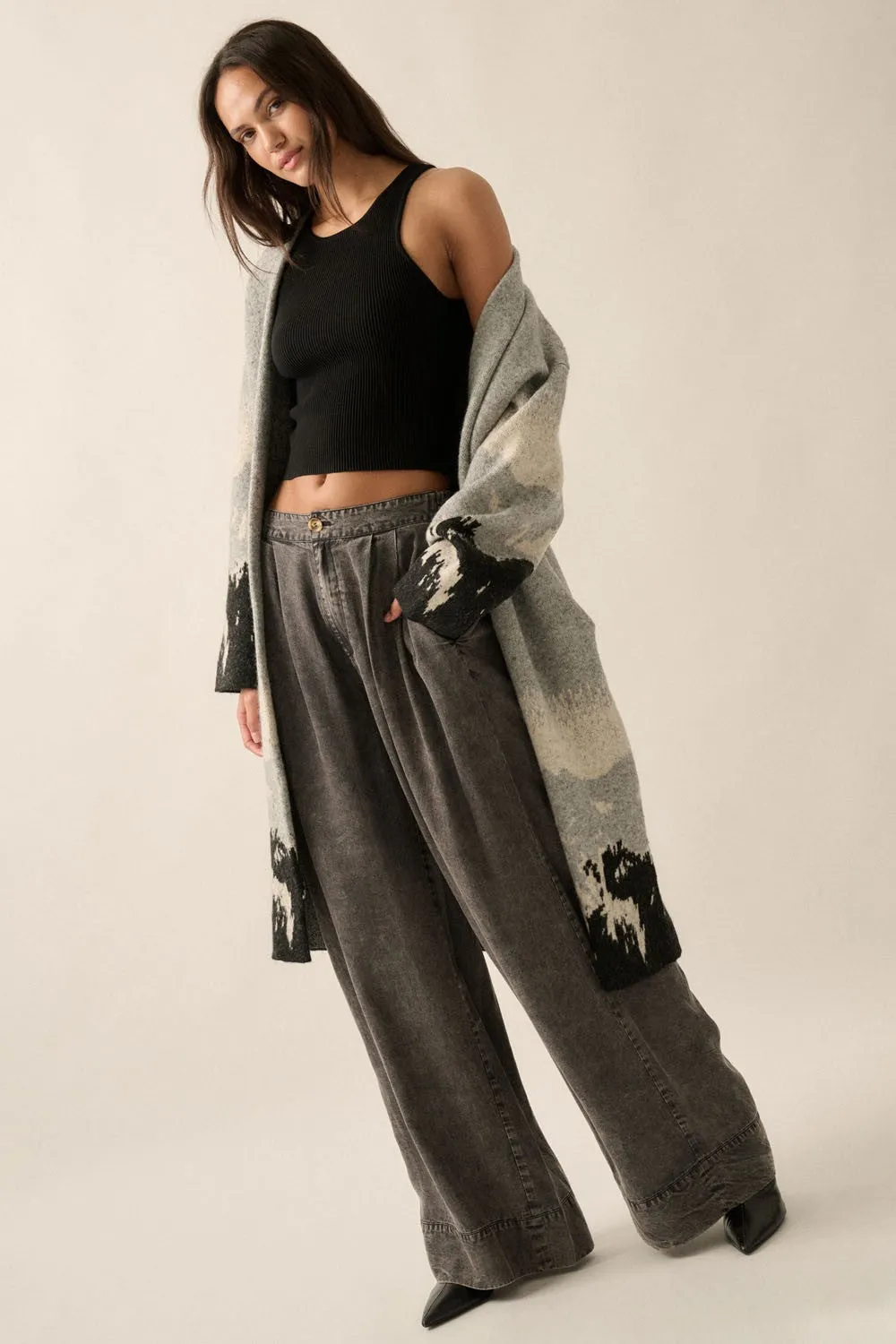 Collister Mineral Washed Denim Pleated Wide-Leg Pants