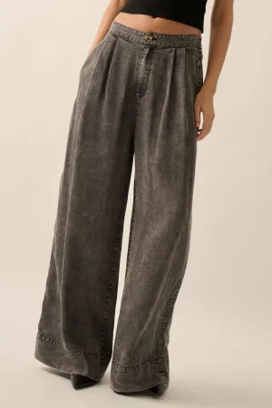 Collister Mineral Washed Denim Pleated Wide-Leg Pants