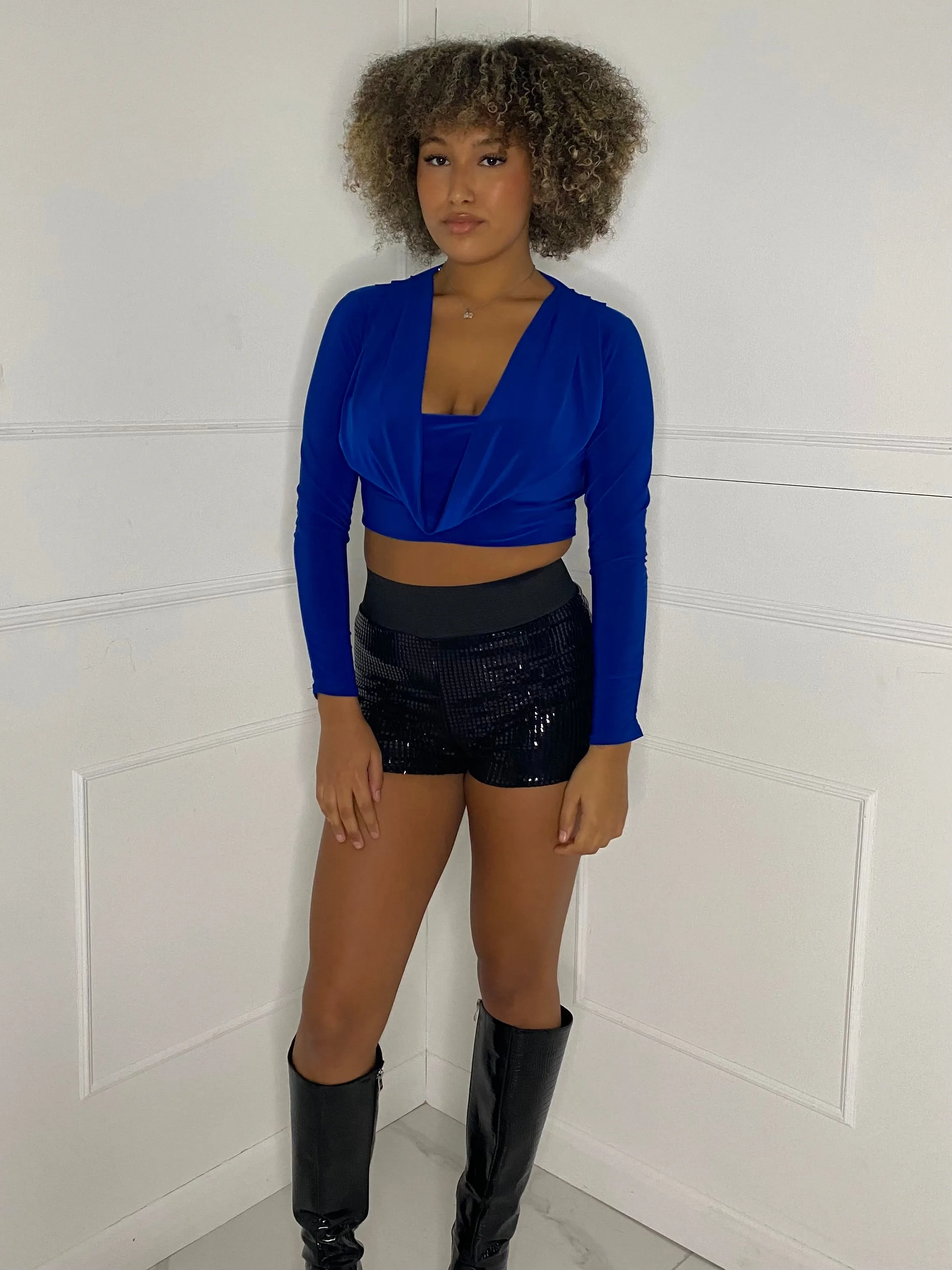 Cowl Neck Long Sleeve Top - Royal Blue