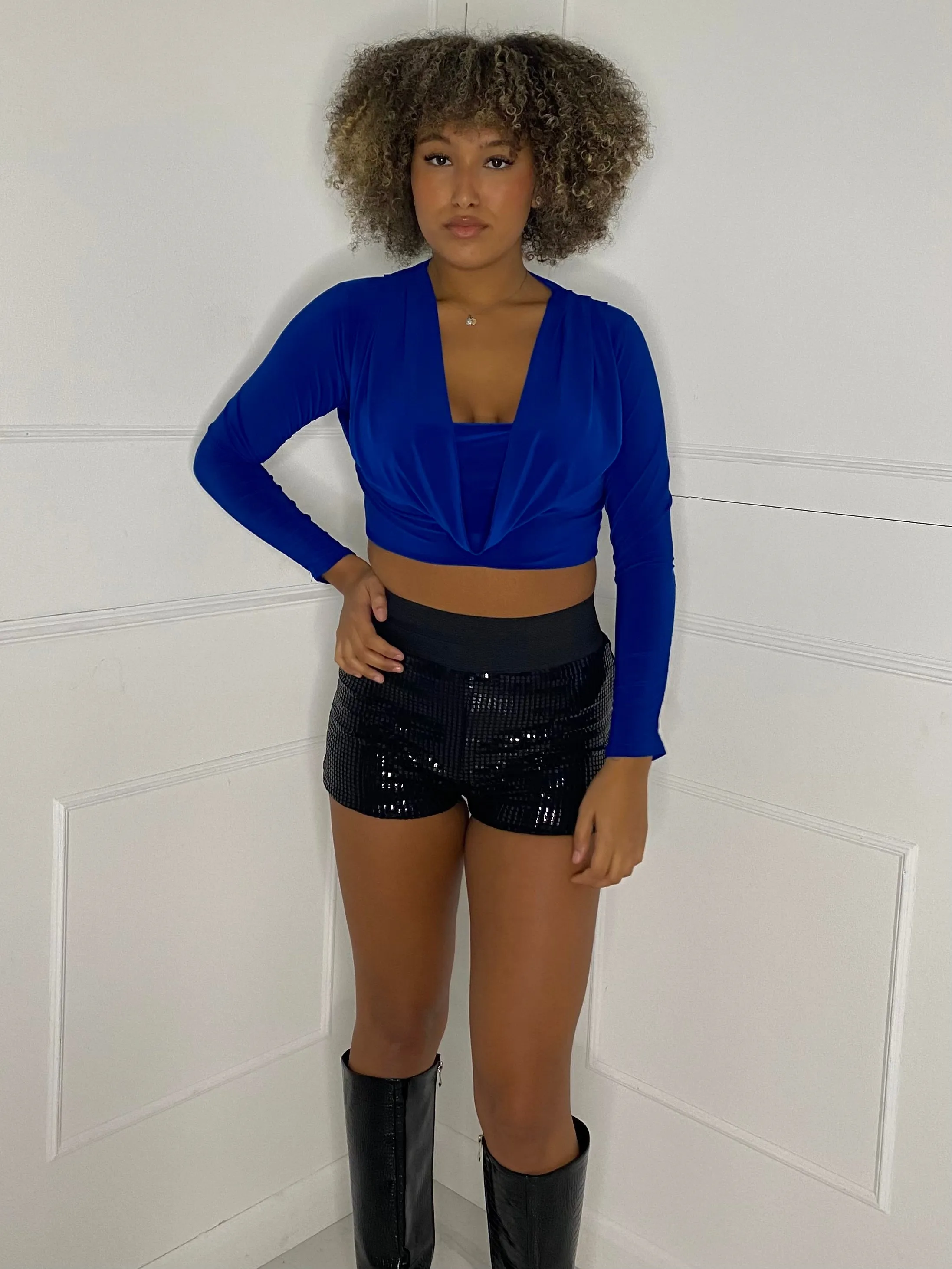 Cowl Neck Long Sleeve Top - Royal Blue