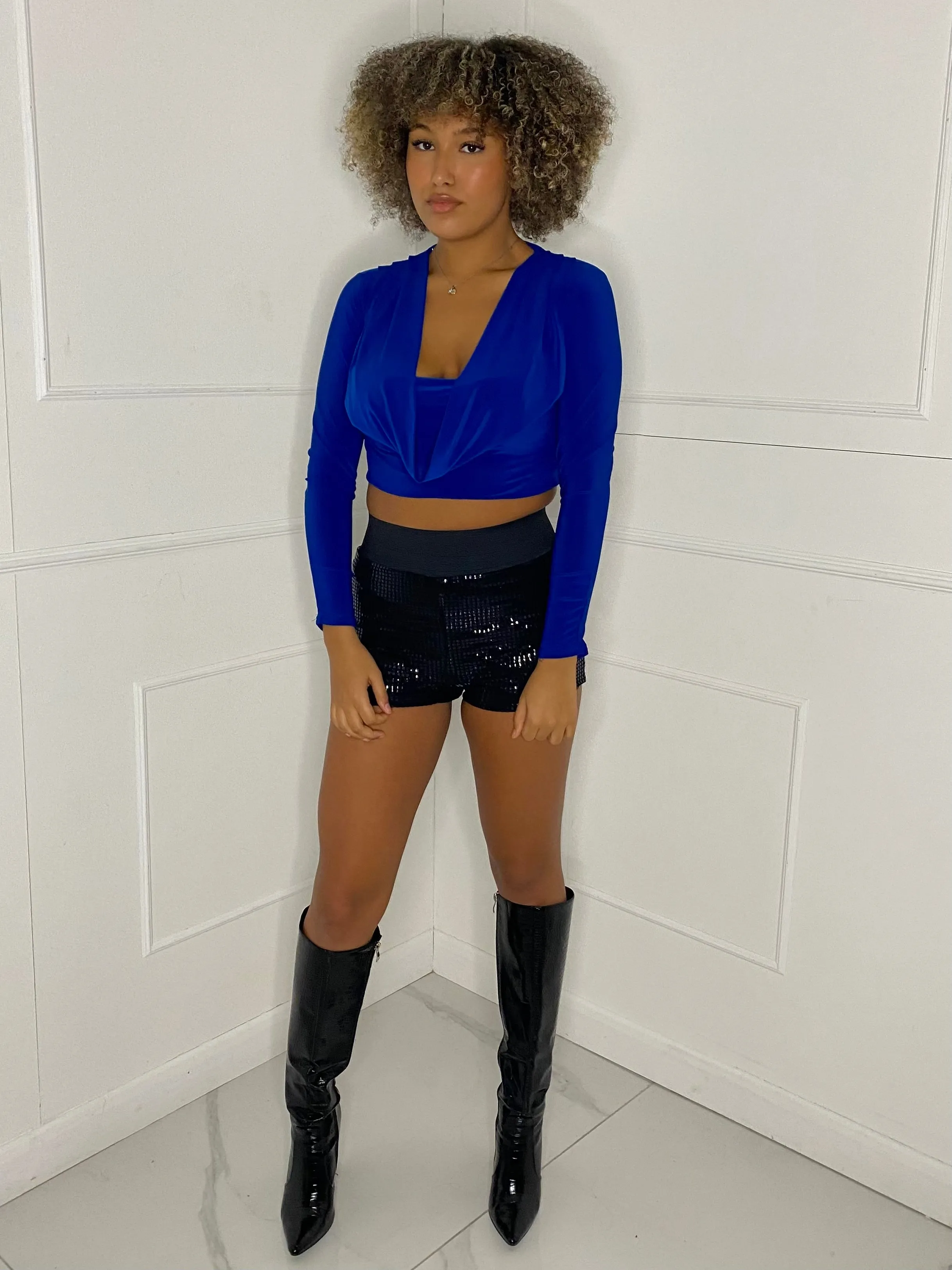 Cowl Neck Long Sleeve Top - Royal Blue