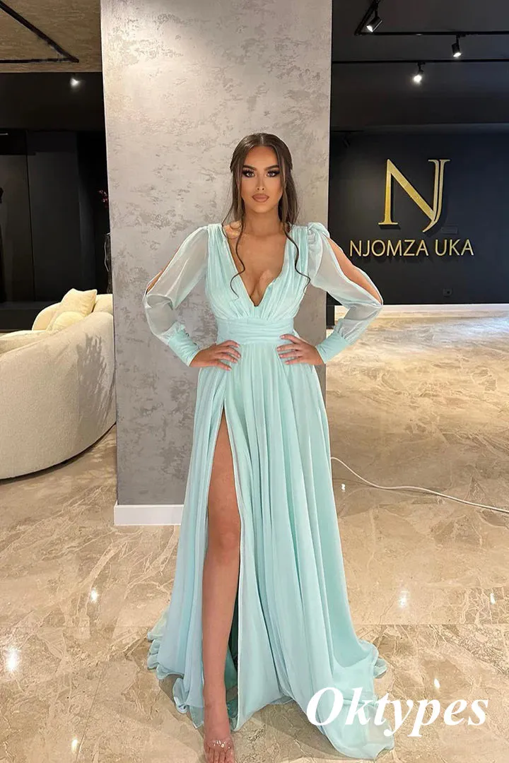 Elagant Chiffon Deep V-Neck Long Sleeves Side Slit A-Line Long Prom Dresses, PDS1029