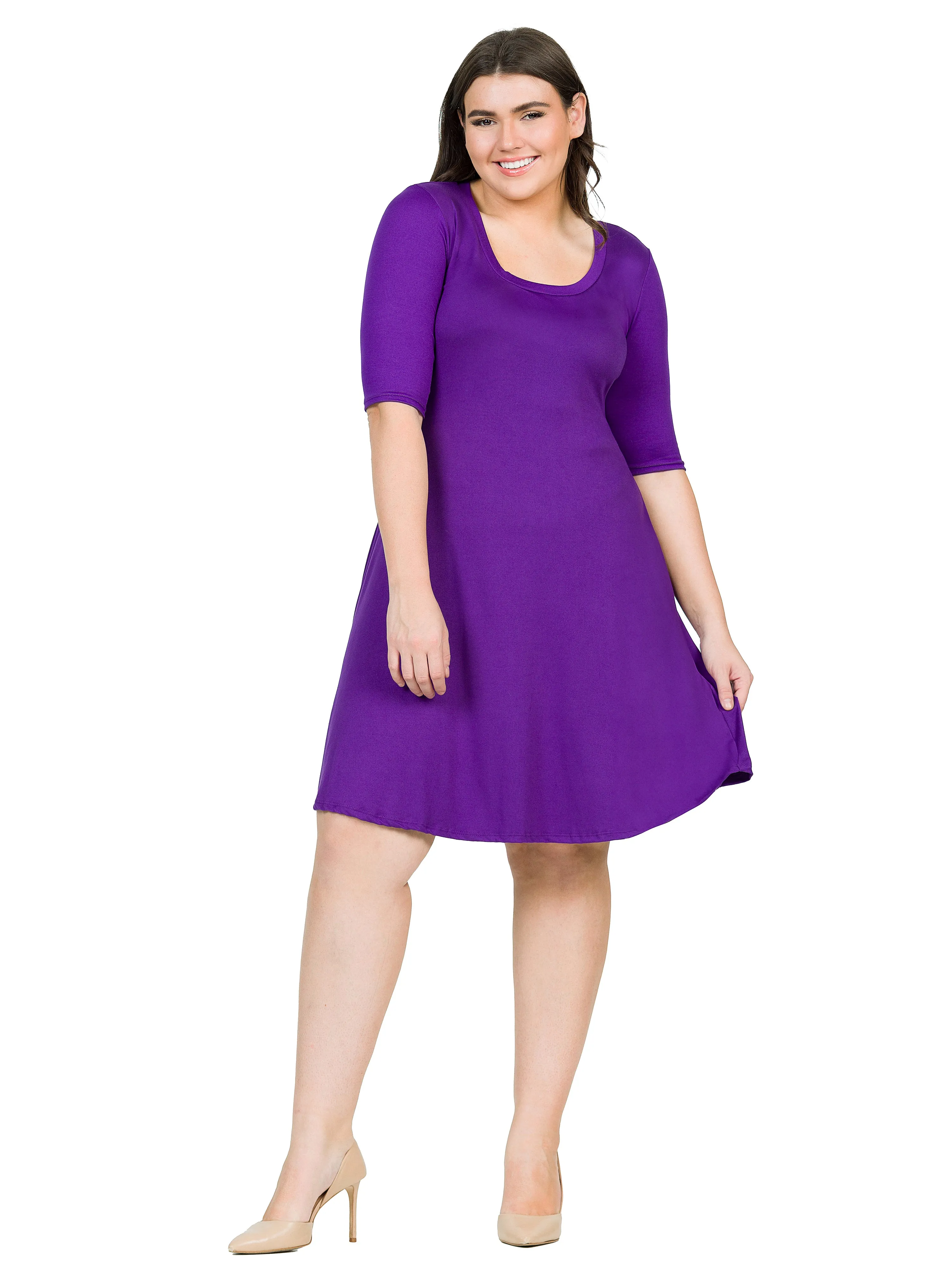 Elbow Sleeve Plus Size Knee Length Dress