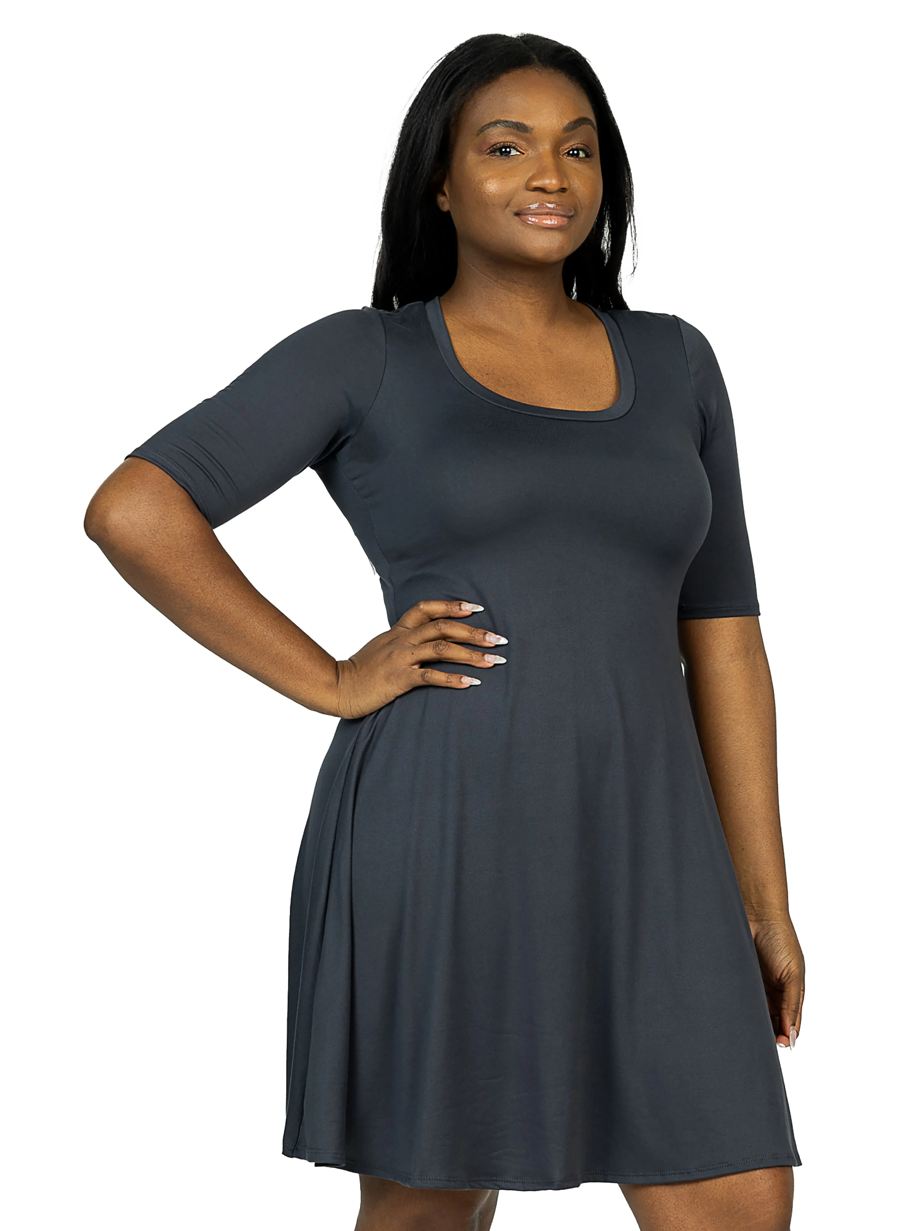 Elbow Sleeve Plus Size Knee Length Dress