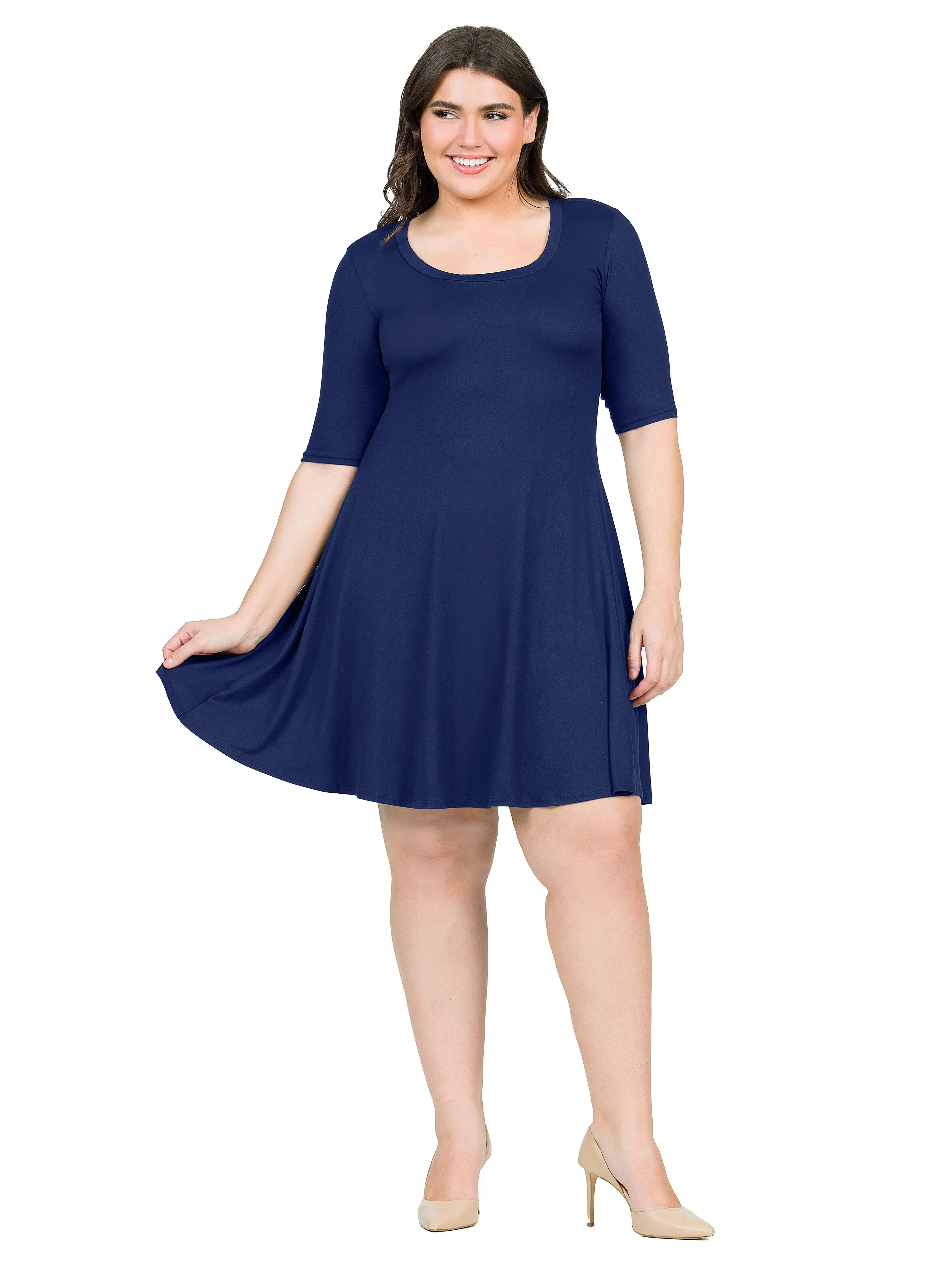 Elbow Sleeve Plus Size Knee Length Dress