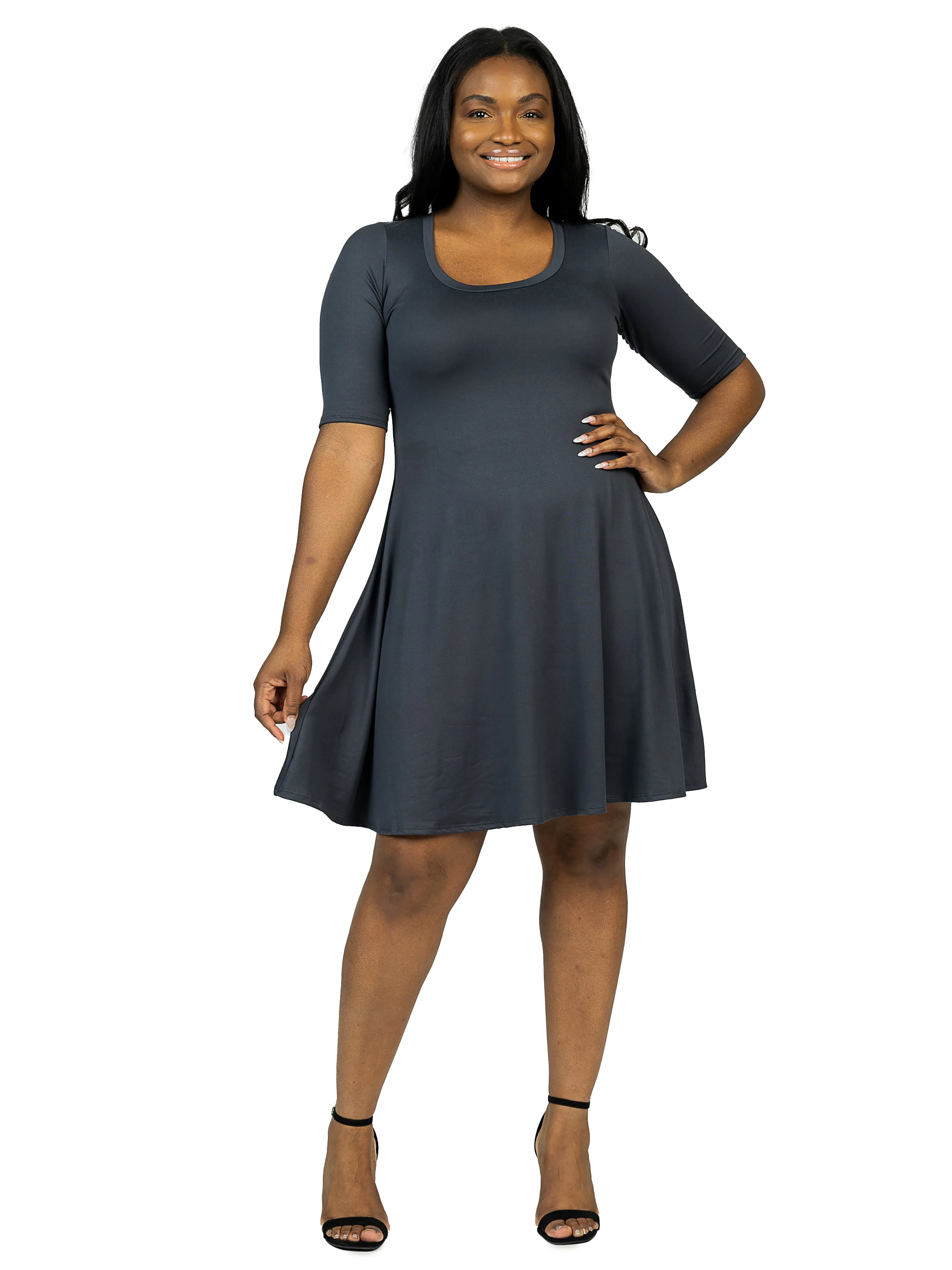 Elbow Sleeve Plus Size Knee Length Dress