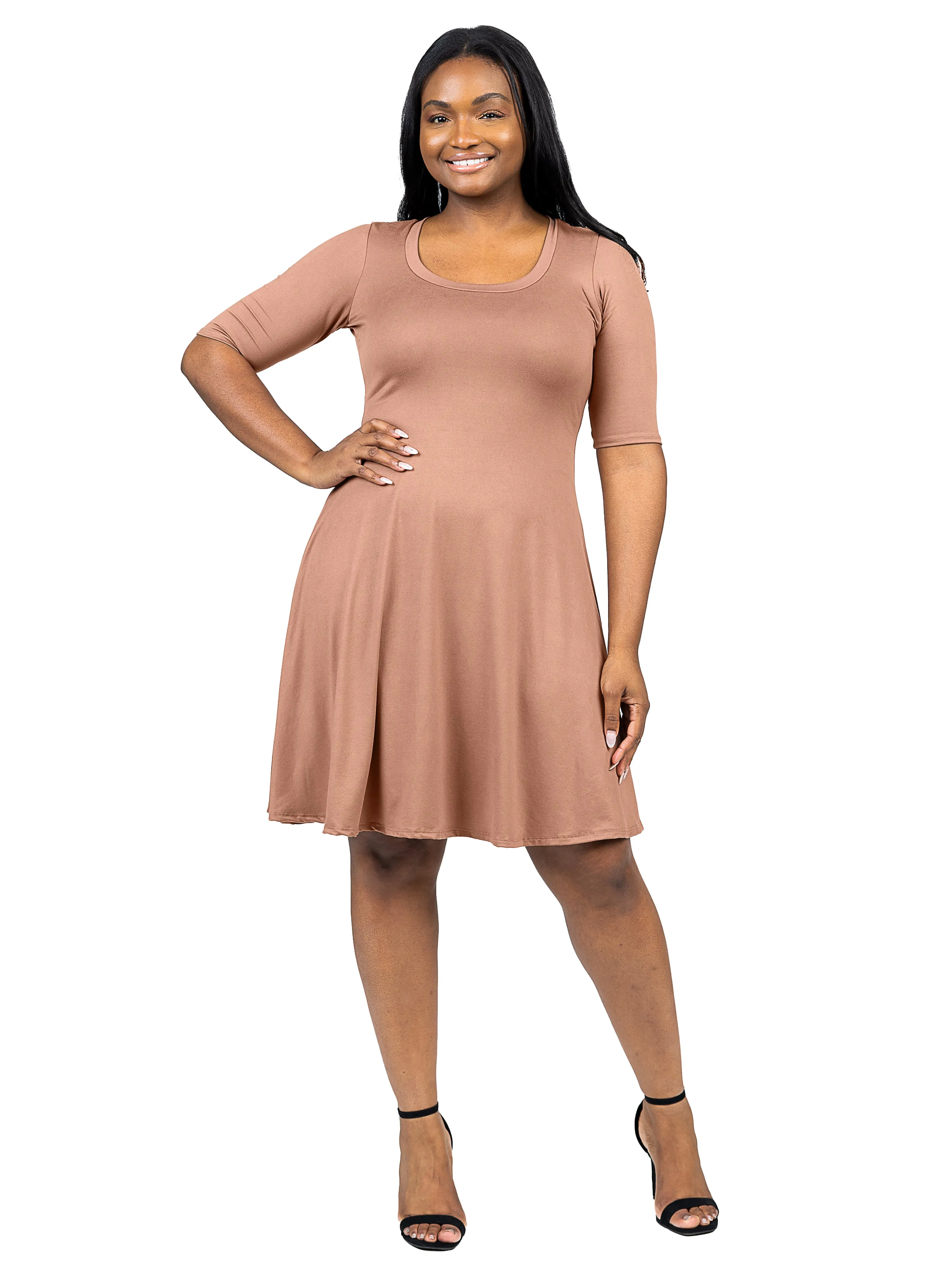 Elbow Sleeve Plus Size Knee Length Dress