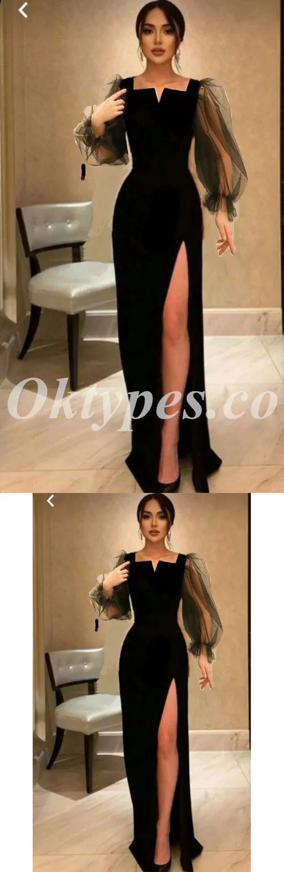 Elegant Black Tulle And Satin Long Sleeve Side Slit Sheath Long Prom Dresses,PDS0727