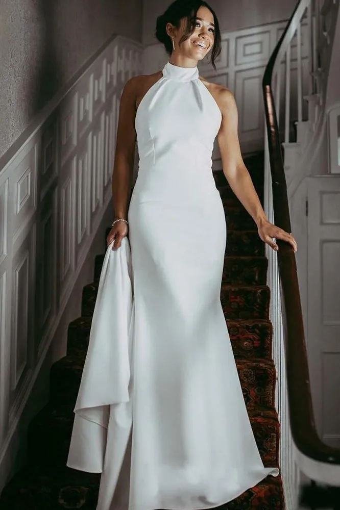 Elegant Halter Sheath Simple Sleeveless Wedding Dress OW592