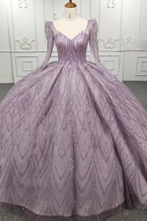 Elegant Simple Long Sleeves Evening Party Dress Beading Ball Gown