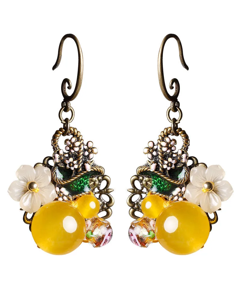 Elegant Yellow Floral Copper Drop Earrings