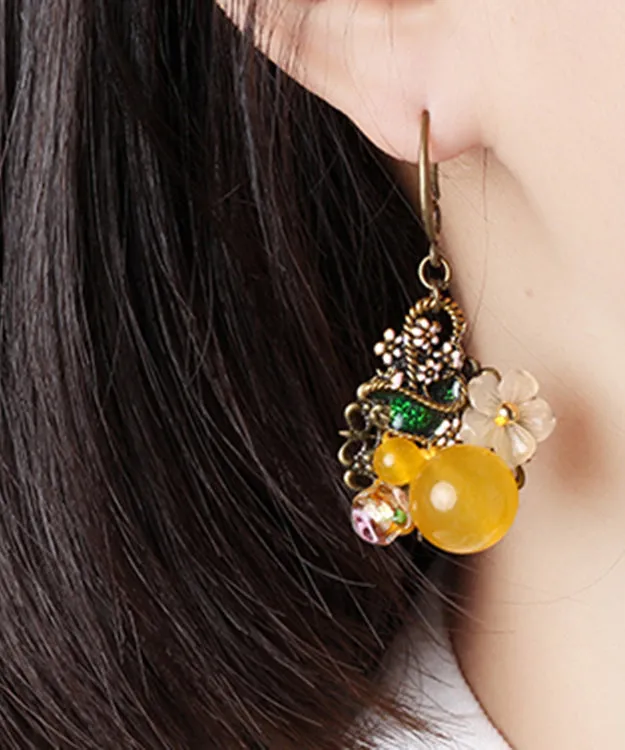 Elegant Yellow Floral Copper Drop Earrings