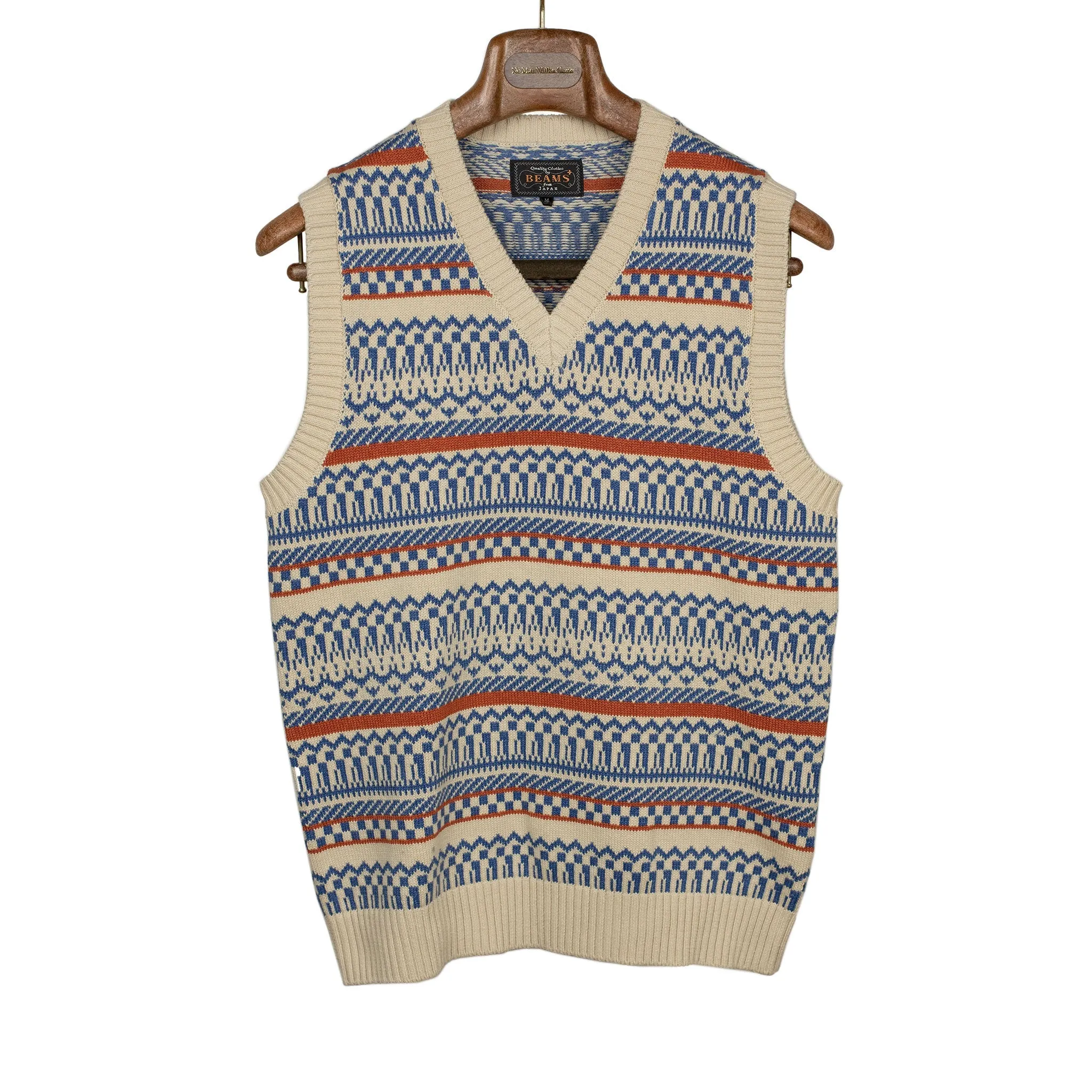 Fair Isle vest in ecru, indigo, and rust cotton