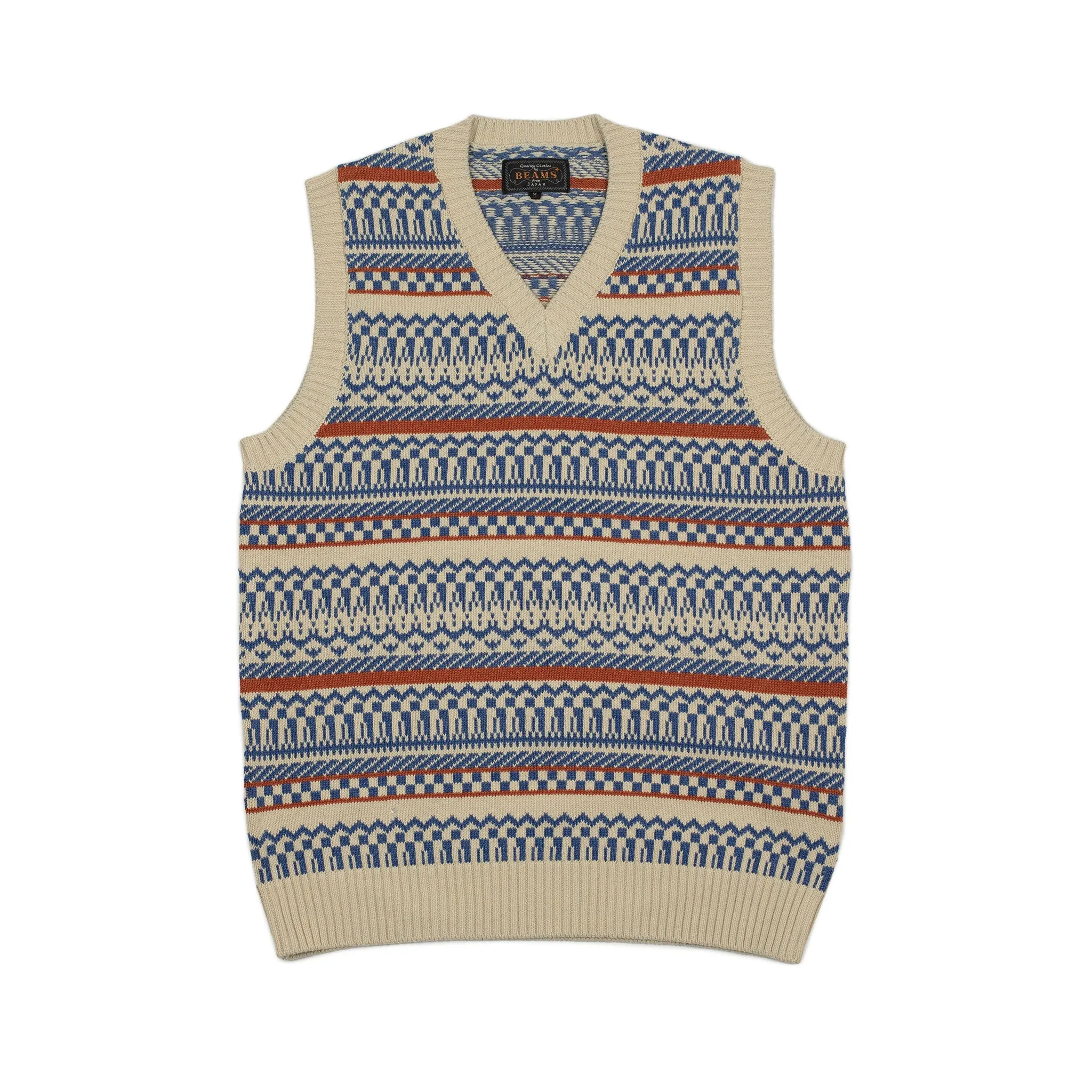 Fair Isle vest in ecru, indigo, and rust cotton