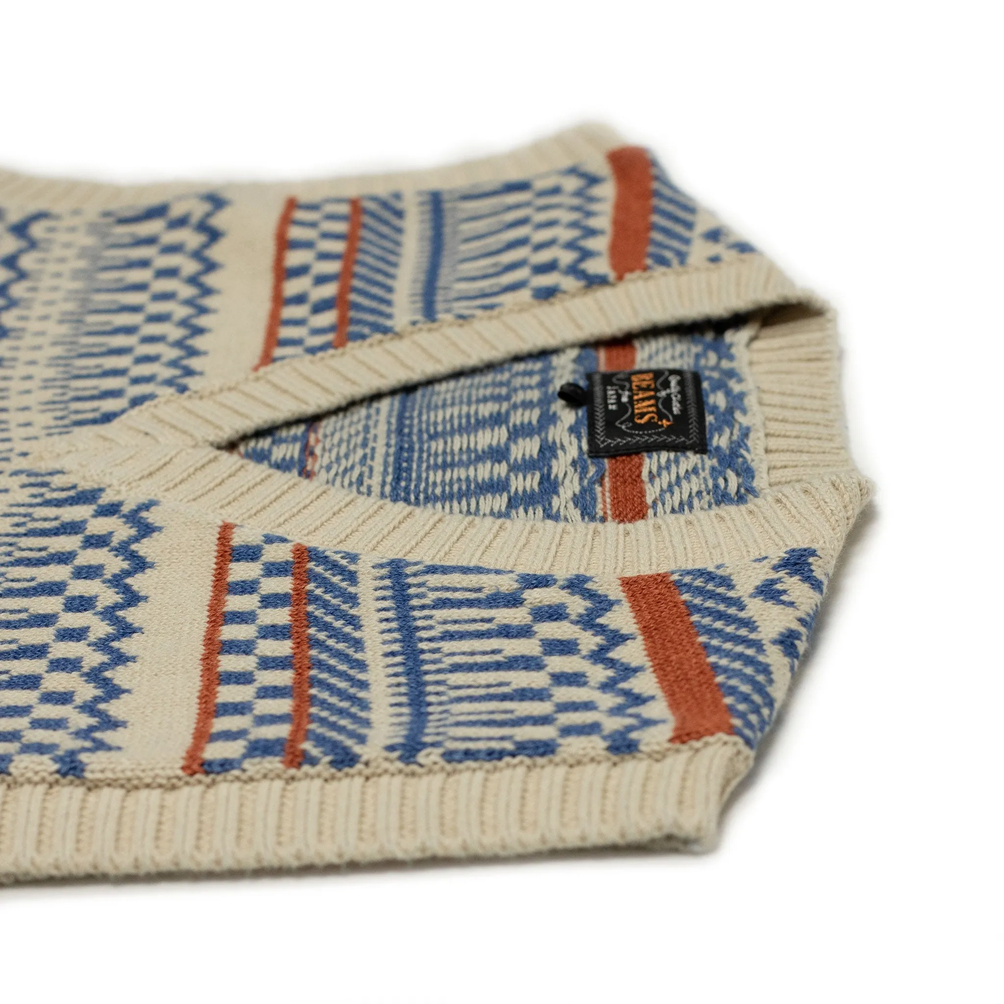 Fair Isle vest in ecru, indigo, and rust cotton