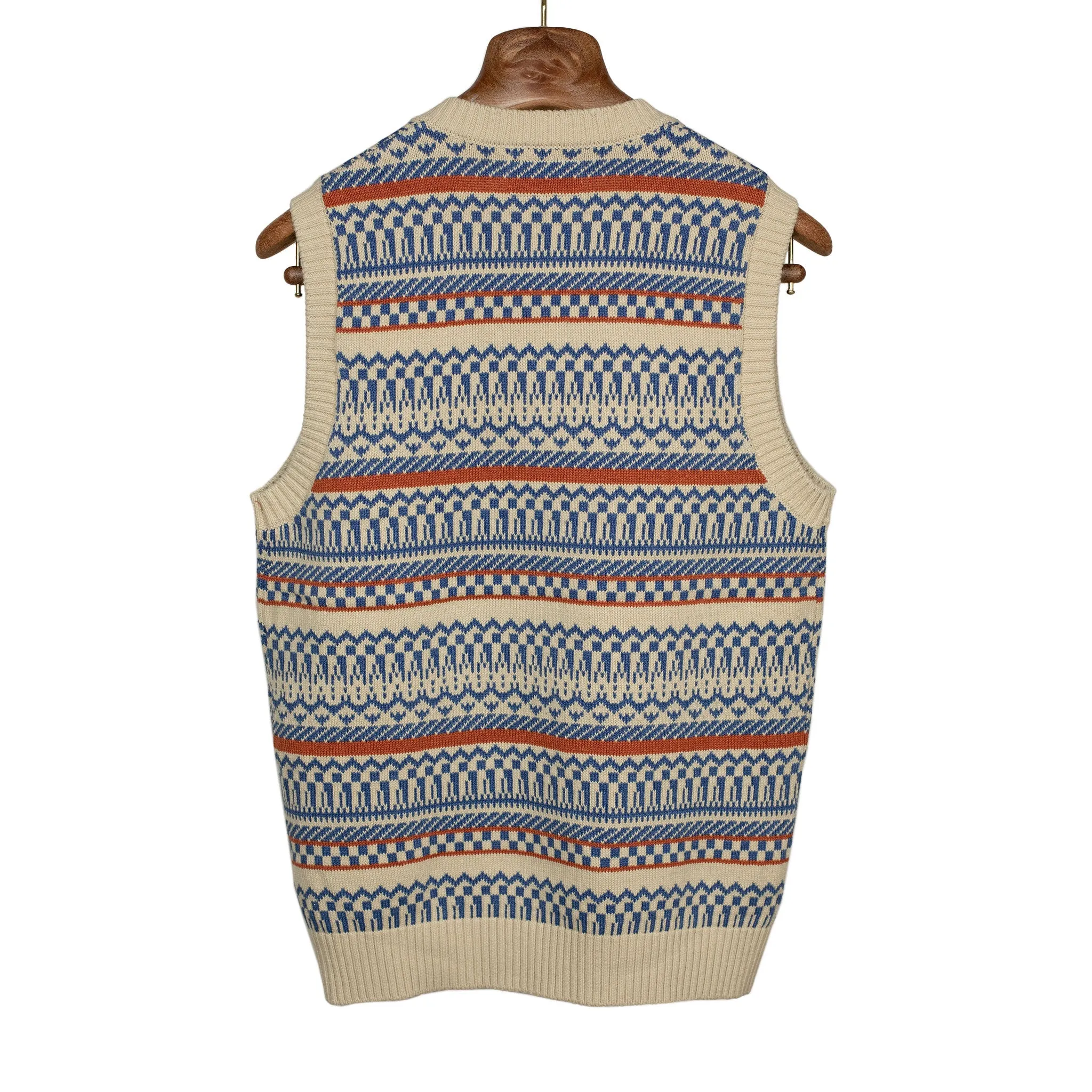 Fair Isle vest in ecru, indigo, and rust cotton