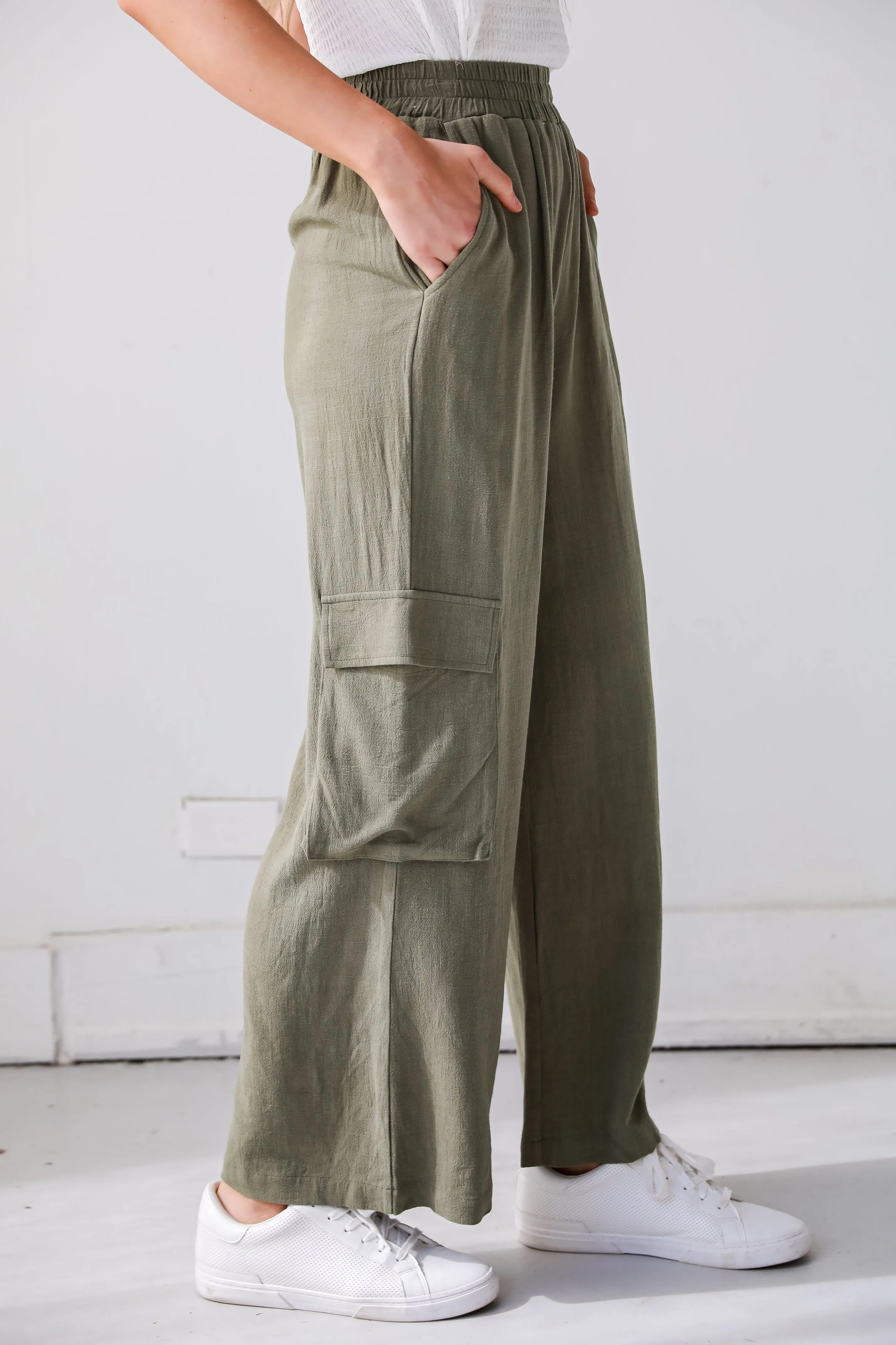 FINAL SALE - Confidently Sleek Light Olive Linen Cargo Pants - DU DEAL