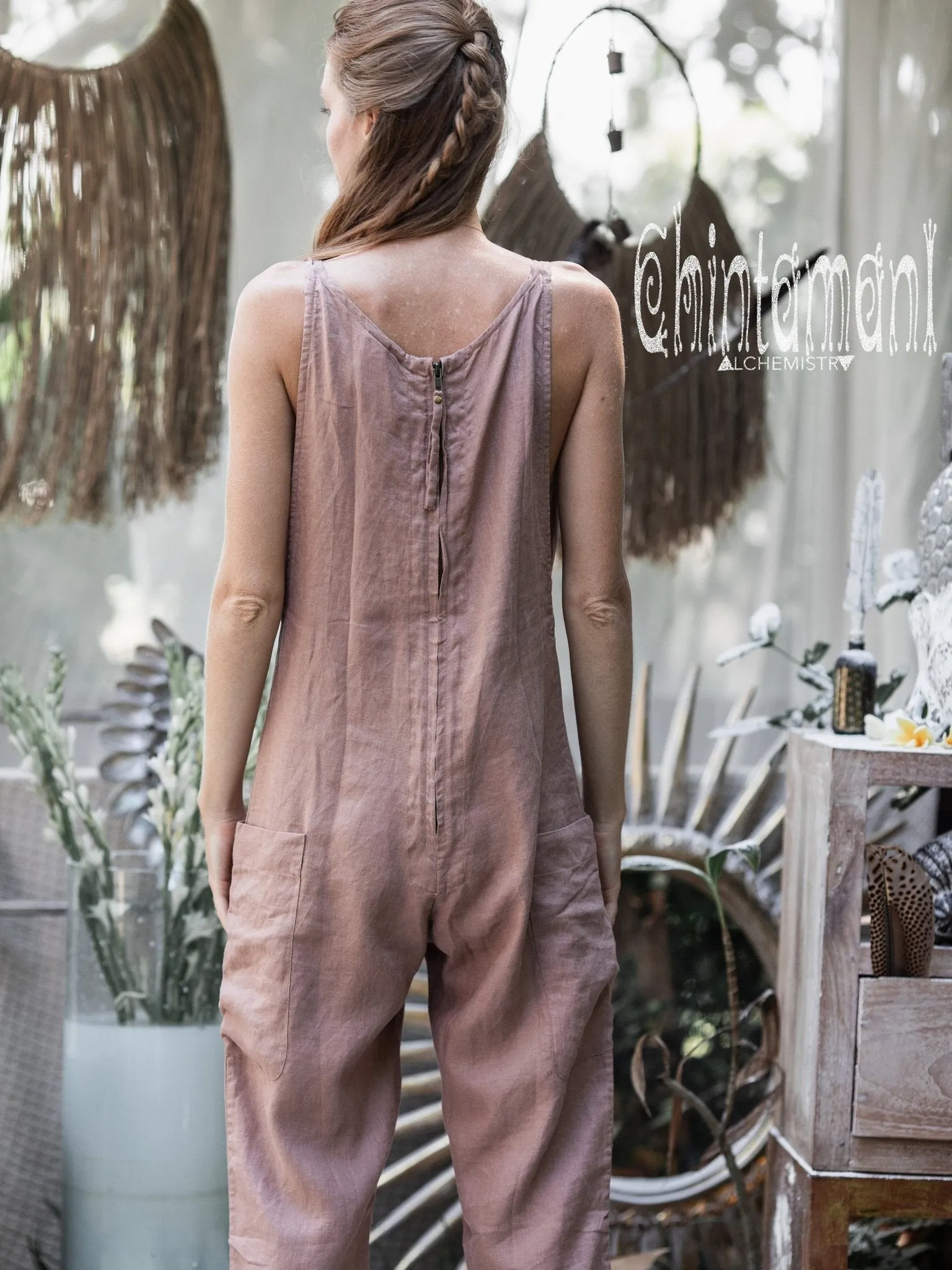 Fitted Linen Jumpsuit 3/4 / Women Midi Overalls with Pockets & Back Zip / Dusty Pink